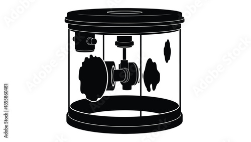 Black silhouette of a mechanical device in a cylindrical glass container isolated on white background