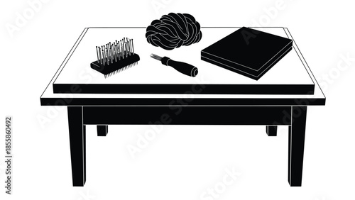 Black and white flat design table with tools and equipment on top isolated on white background