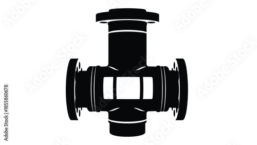 Black silhouette of a T-shaped pipe fitting with flanges on a isolated on white background
