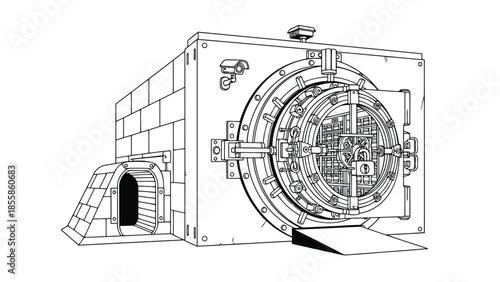 Detailed 3D rendering of a bank vault with a circular door and brick wall isolated on white background