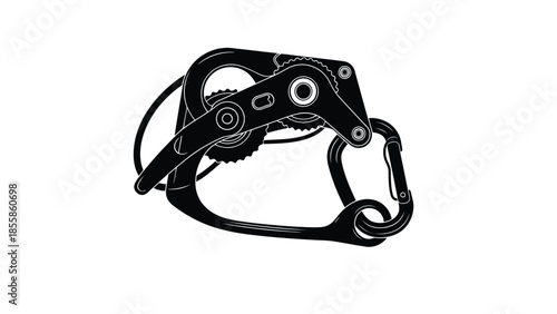 Black silhouette of a mechanical device with a carabiner and gear isolated on white background