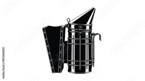 Traditional beekeeper's smoker device for calming bees in an apiary, black and white graphic illustration isolated on white background