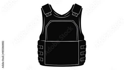 Black tactical bulletproof vest silhouette with white outline isolated on white background