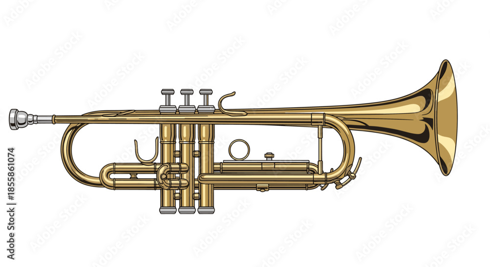 Naklejka premium A detailed illustration of a shiny gold brass trumpet, a popular wind musical instrument, displayed horizontally against a clean white background.