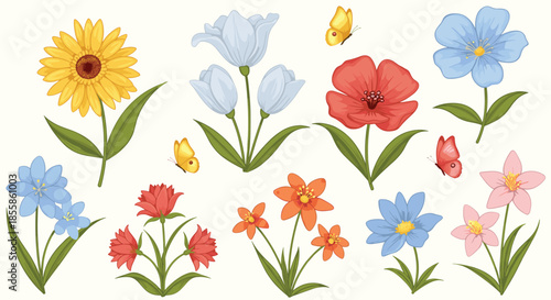 A vibrant collection of diverse wildflowers and delicate butterflies flourishing on a light background, symbolizing spring and natural beauty.