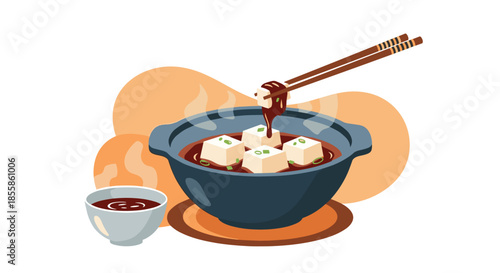 A delicious and steaming tofu hot pot dish, with chopsticks dipping a piece into a flavorful sauce, creating an inviting culinary scene.