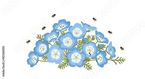 A charming illustration of vibrant blue nemophila flowers blooming with busy bees collecting nectar, set against a pristine white background.
