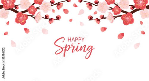Decorative spring banner featuring elegant cherry blossom branches, delicate falling petals, and a welcoming 'Happy Spring' message.