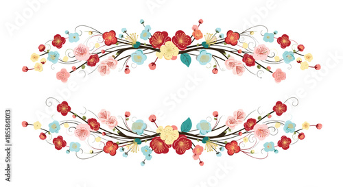 Two elegant, colorful floral borders with stylized blossoms and delicate tendrils, perfect for decorative design elements.