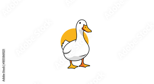 An adorable cartoon white duck with a bright orange beak and webbed feet stands calmly, highlighted by a yellow circular backdrop.