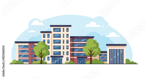 Modern urban landscape illustration featuring contemporary buildings, lush green trees, and bushes, all beneath a clear blue sky.