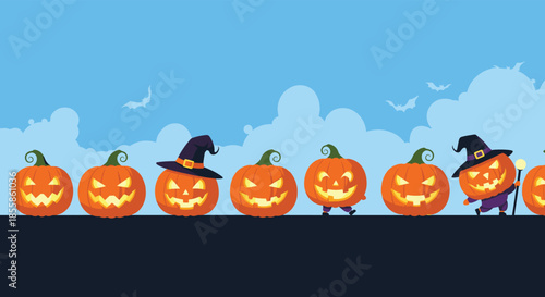 A whimsical line of glowing jack-o'-lanterns, some wearing witch hats and walking, under a blue sky with flying bats.