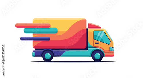 Colorful and modern graphic of a delivery truck in motion, representing rapid and reliable logistics and transport.