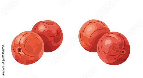 Two pairs of vibrant red, round fruits, possibly plums or apricots, showcasing their natural textures.