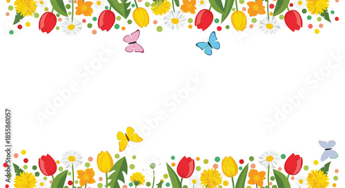 A cheerful and vibrant border of spring flowers, including tulips, daisies, and dandelions, accented by colorful butterflies and dots.