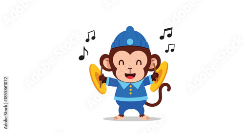 A cheerful cartoon monkey in blue clothes and a hat plays cymbals with musical notes floating around, showcasing a fun and lively musical theme.