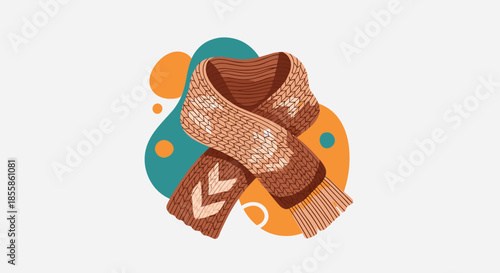A cozy knitted brown scarf with light patterns, draped elegantly against a background of abstract teal and orange shapes, perfect for winter fashion.