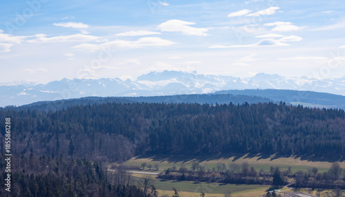 Pfannenstil, Switzerland - March 9th 2025: Amazing lookout over the landscape of Zurich region towards the Alps