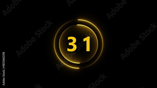 Yellow Neon Number 31 Inside a Glowing Circle on Black Background thirty one numeral