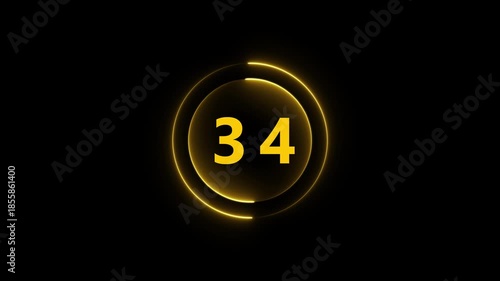 Yellow Neon Number 34 Inside a Glowing Circle on Black Background thirty four numeral