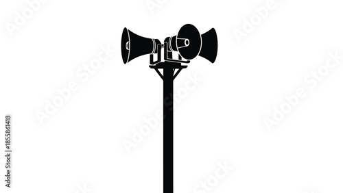 Black silhouette of dual horn speaker on a pole isolated on white background