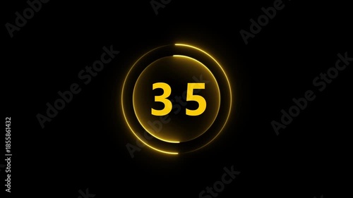 Yellow Neon Number 35 Inside a Glowing Circle on Black Background thirty five numeral