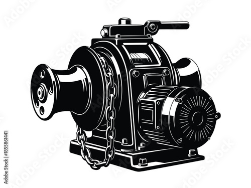 Detailed black and white line drawing of a winch machine with chain and handle on a isolated on white background