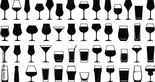 Assortment of black silhouette icons of various drinking glasses and bottles on a white background beverage