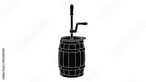 Black silhouette of manual wine press barrel isolated on white background