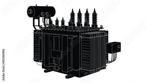 Detailed silhouette of a large electrical transformer on a isolated on white background