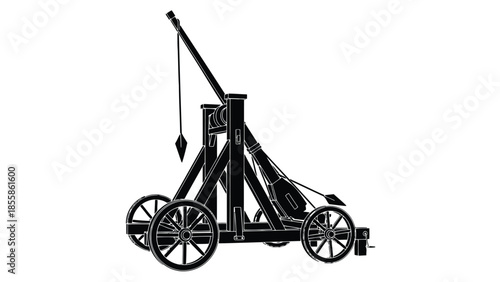 Black silhouette of a medieval catapult on wheels against a isolated on white background