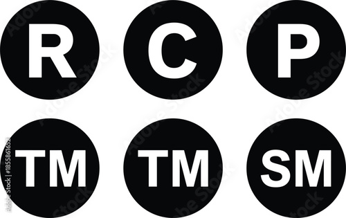 Black circles with white letters RCPTMSM symbols Keywords: copyright, registered, trademark, service mark, symbol, icon