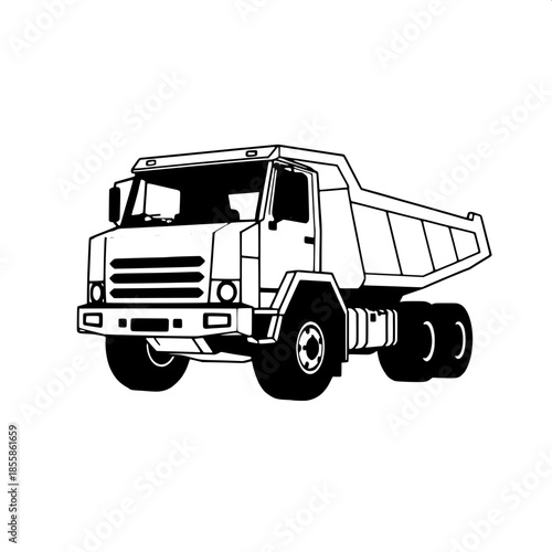 Flat vector illustration of a dump truck with a symmetrical composition, featuring strong geometric forms and clean mechanical design, no gradients are used to maintain a minimalist aesthetic, the dum