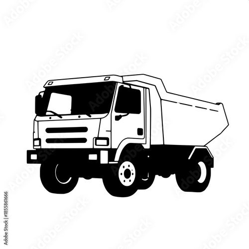 Flat vector illustration of a dump truck with a symmetrical composition, featuring strong geometric forms and clean mechanical design, no gradients are used to maintain a minimalist aesthetic, the dum