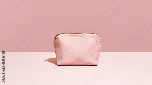 pouch. Pink cosmetic pouch with gold zipper detail, placed on a matching pastel surface. lifestyle magazines, social media lookbooks, designed for lifestyle magazines and social media content.