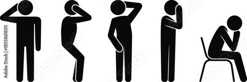 Black Stick Figure Poses Showing Thought and Distress silhouette thinking