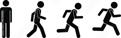 Black stick figure icons showing progression from standing to running silhouette person