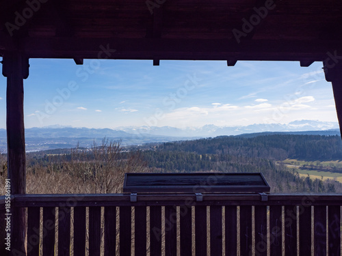 Pfannenstil, Switzerland - March 9th 2025: Amazing lookout over the landscape of Zurich region towards the Alps