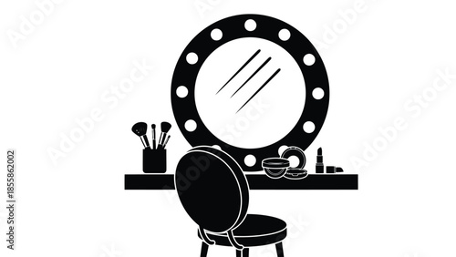 Black silhouette of a vanity with chair and makeup isolated on white background
