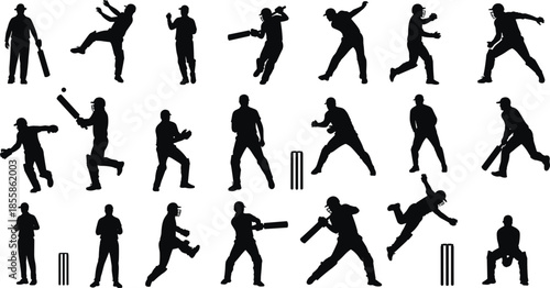 Collection of black silhouettes depicting various cricket player actions and equipment Keywords: cricket player, cricket