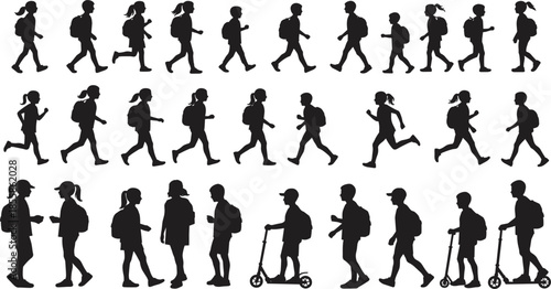 Collection of Black Silhouettes of Children Walking and Running with Backpacks kids