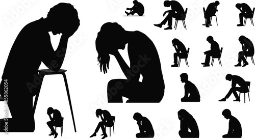 Collection of Black Silhouettes of People in Various Poses of Sadness and Despair person depression