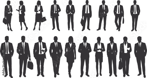 Collection of business people silhouettes in suits with briefcases and phones vector illustration