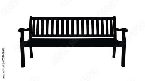 Black silhouette of a wooden bench with slatted back and armrests isolated on white background
