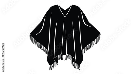 Black poncho silhouette with fringe isolated on white background