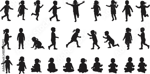 Diverse Collection of Black Silhouettes of Children in Various Poses and Activities Keywords: children, kids, silhouettes, black
