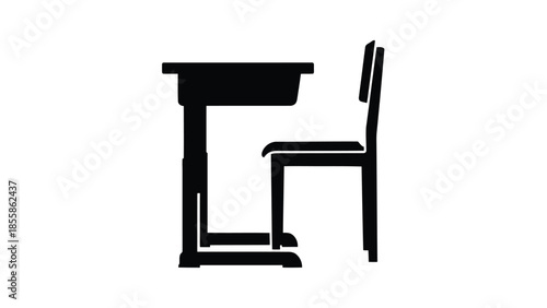 Minimalist black silhouette of a desk with attached chair isolated on white background