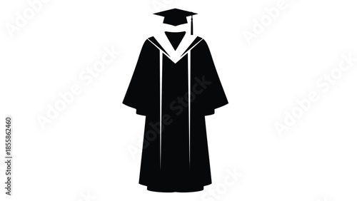 Minimalist black graduation gown and cap silhouette symbol isolated on white background