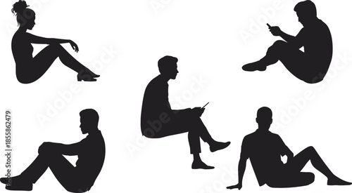 Diverse Silhouettes of People Sitting and Using Devices on White Background woman