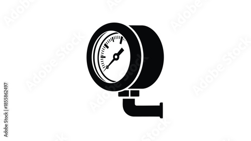 Black and white vector icon of a pressure gauge with a pipe isolated on white background
